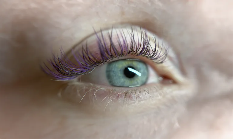Gros plan d'un œil aux cils longs et recourbés, pointes teintées de violet