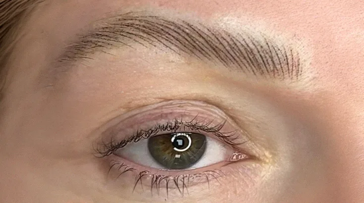 Sourcil réalisé en maquillage permanent poil à poil, traits fins dans le sens du poil