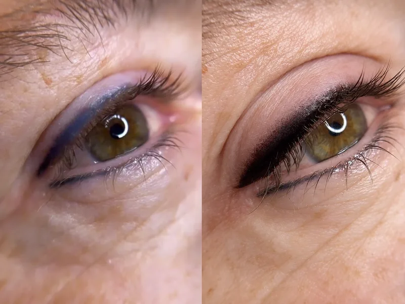 Avant et après le cover d'un eye-liner permanent : ancien trait bleuté corrigé en trait noir net