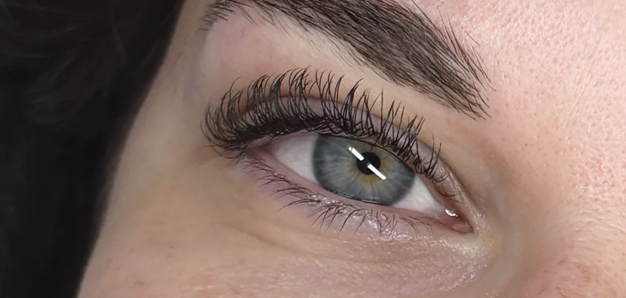 Gros plan d'un œil bleu-gris aux extensions de cils volumineuses