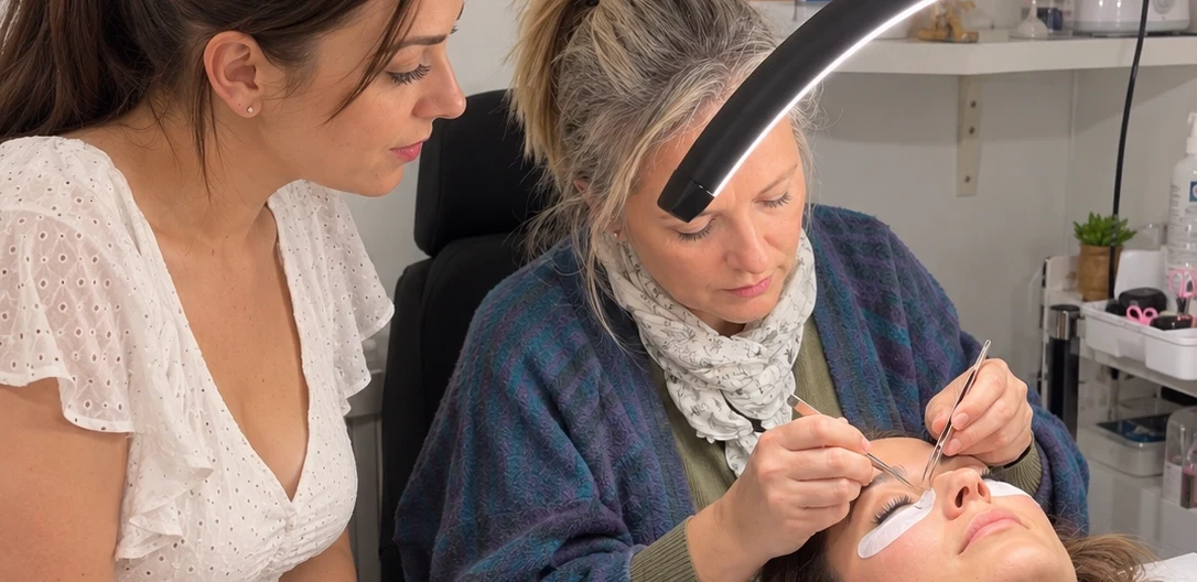 Claire guide une stagiaire pendant une pose d'extensions de cils sur modèle