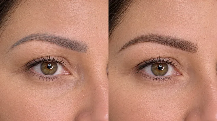 Avant et après la correction de sourcils par un cover de maquillage permanent