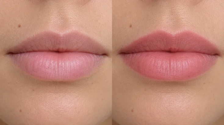 Avant et après des lèvres en maquillage permanent, teinte rosée naturelle