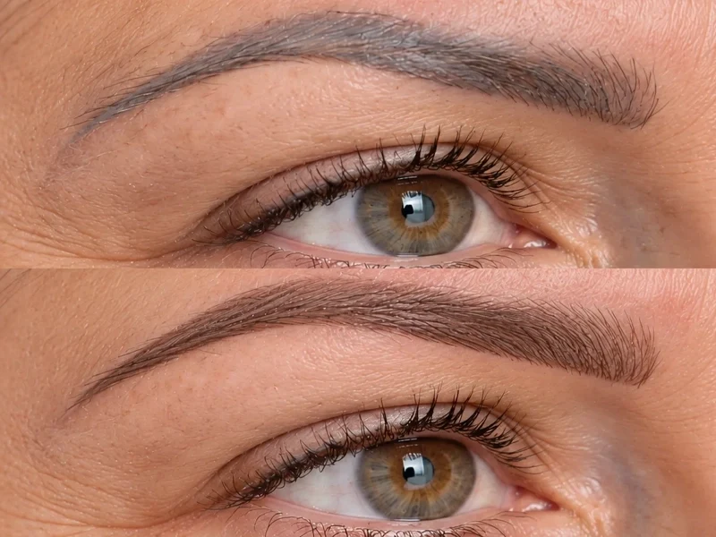 Avant et après la correction d'un ancien maquillage permanent des sourcils : pigment gris-bleu remplacé par un sourcil poudré brun