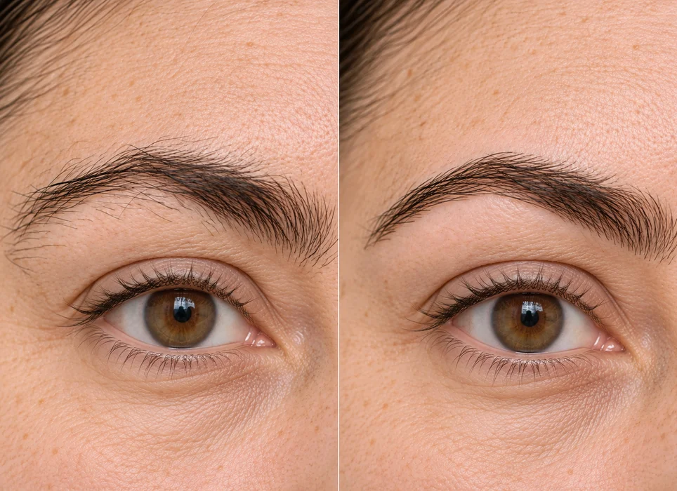Regard avant et après une restructuration des sourcils, ligne redessinée et épilation