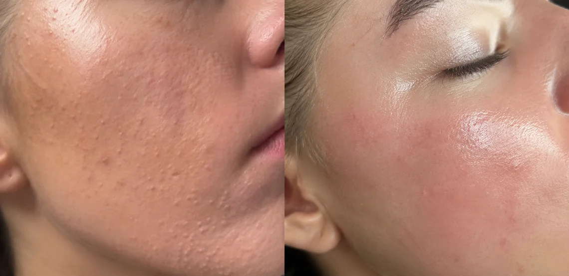 Peau du visage avant et après un soin Hydraface, teint plus lumineux