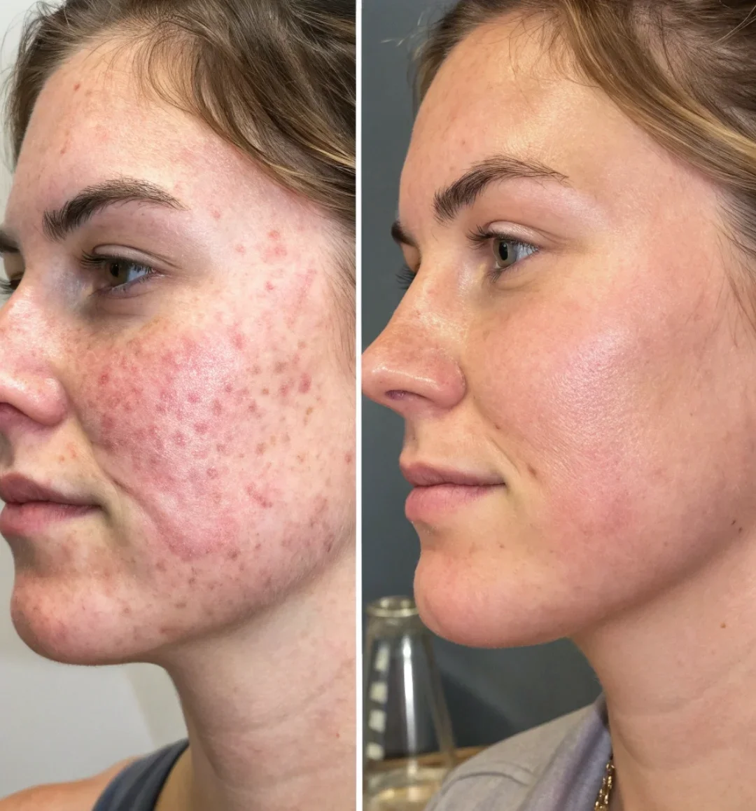 Peau du visage avant et après une cure de peeling aux algues Zena, photo 1 sur 2